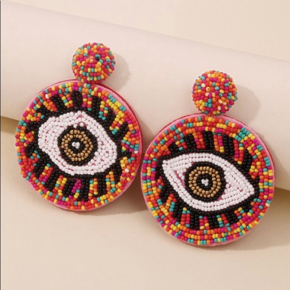 Multi color beaded round eye statement earrings